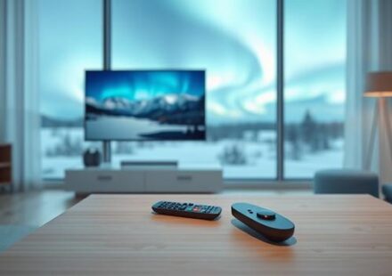 A minimalist Scandinavian living room featuring a 4K television displaying a Nordic landscape, emphasizing the quality and immersion of Nordic IPTV 4K.