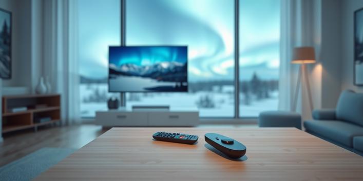 A minimalist Scandinavian living room featuring a 4K television displaying a Nordic landscape, emphasizing the quality and immersion of Nordic IPTV 4K.