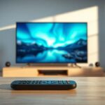 A minimalist 3D rendering of a 4K television displaying Nordic landscapes with the text "Nordisk IPTV 4K".
