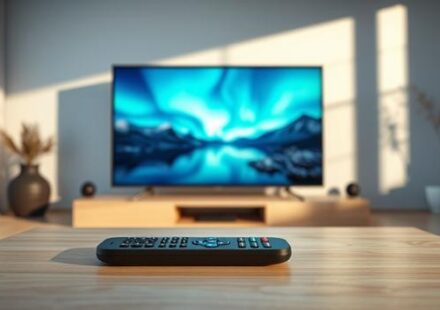 A minimalist 3D rendering of a 4K television displaying Nordic landscapes with the text "Nordisk IPTV 4K".