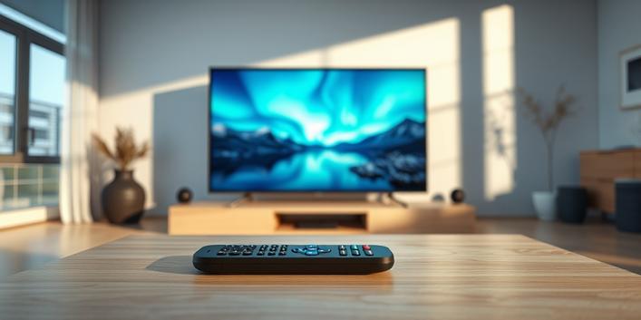A minimalist 3D rendering of a 4K television displaying Nordic landscapes with the text "Nordisk IPTV 4K".