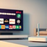 3D rendering of a smart TV displaying streaming icons, a Wi-Fi router, and a sofa, representing IPTV services.