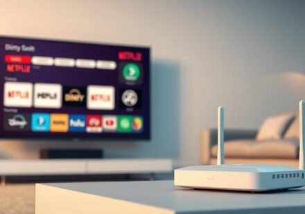 3D rendering of a smart TV displaying streaming icons, a Wi-Fi router, and a sofa, representing IPTV services.