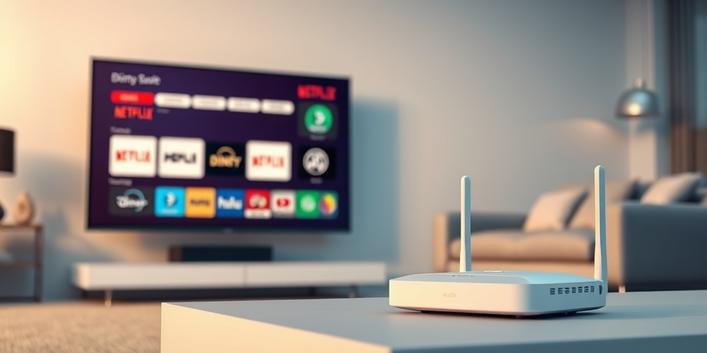 3D rendering of a smart TV displaying streaming icons, a Wi-Fi router, and a sofa, representing IPTV services.