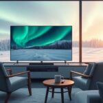 A modern Scandinavian living room with a 4K television displaying the Northern Lights, symbolizing Nordic IPTV 4K.