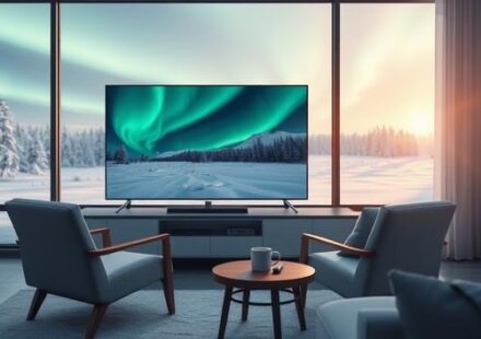 A modern Scandinavian living room with a 4K television displaying the Northern Lights, symbolizing Nordic IPTV 4K.