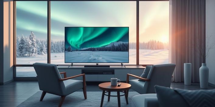 A modern Scandinavian living room with a 4K television displaying the Northern Lights, symbolizing Nordic IPTV 4K.