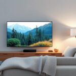 Sleek Scandinavian living room with 4K TV displaying nature footage, representing Nordisk IPTV 4K.
