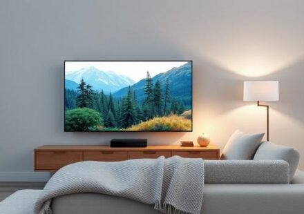 Sleek Scandinavian living room with 4K TV displaying nature footage, representing Nordisk IPTV 4K.