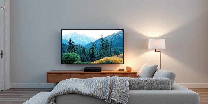 Sleek Scandinavian living room with 4K TV displaying nature footage, representing Nordisk IPTV 4K.