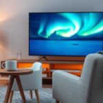 A cozy Scandinavian living room featuring a 4K TV displaying the Northern Lights, representing Nordisk IPTV 4K.