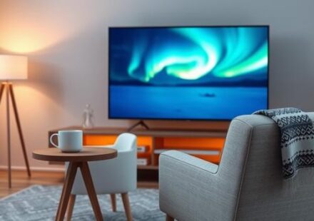A cozy Scandinavian living room featuring a 4K TV displaying the Northern Lights, representing Nordisk IPTV 4K.