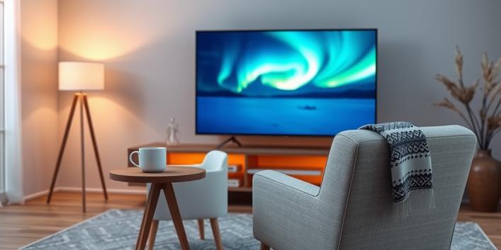 A cozy Scandinavian living room featuring a 4K TV displaying the Northern Lights, representing Nordisk IPTV 4K.