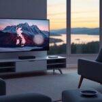 A modern Scandinavian living room showcasing a 4K TV displaying vibrant Nordic landscapes, symbolizing Nordic IPTV 4K.