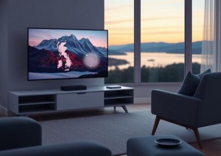 A modern Scandinavian living room showcasing a 4K TV displaying vibrant Nordic landscapes, symbolizing Nordic IPTV 4K.