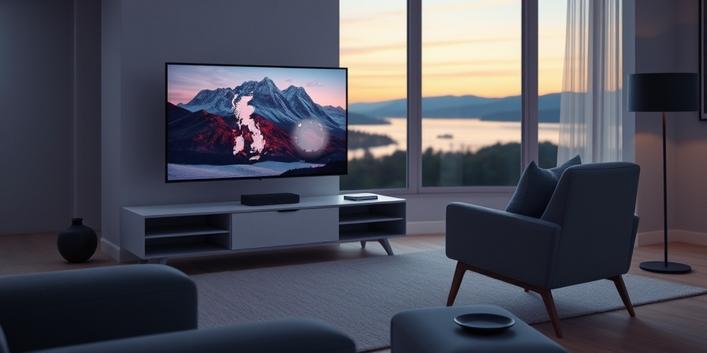 A modern Scandinavian living room showcasing a 4K TV displaying vibrant Nordic landscapes, symbolizing Nordic IPTV 4K.
