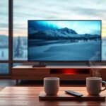 A 3D rendering of a Nordic living room with a 4K TV displaying a vibrant nature scene, snow-covered landscape visible through the window.