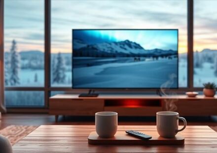 A 3D rendering of a Nordic living room with a 4K TV displaying a vibrant nature scene, snow-covered landscape visible through the window.