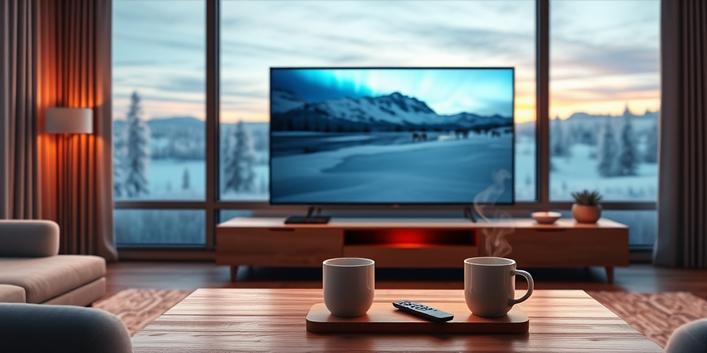 A 3D rendering of a Nordic living room with a 4K TV displaying a vibrant nature scene, snow-covered landscape visible through the window.