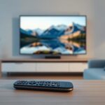 A modern Nordic living room showcases a 4K television displaying a vibrant Scandinavian landscape, highlighting Nordic IPTV 4K.
