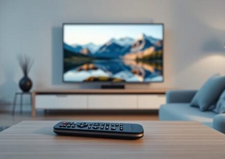 A modern Nordic living room showcases a 4K television displaying a vibrant Scandinavian landscape, highlighting Nordic IPTV 4K.