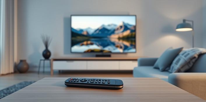 A modern Nordic living room showcases a 4K television displaying a vibrant Scandinavian landscape, highlighting Nordic IPTV 4K.