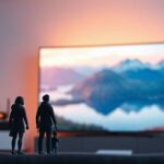 A minimalist 3D rendering of a Scandinavian living room. A 4K TV displaying a Nordic landscape dominates the scene, with two silhouetted figures in the foreground watching. In the background, a stylized router emits a soft glow.