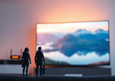A minimalist 3D rendering of a Scandinavian living room. A 4K TV displaying a Nordic landscape dominates the scene, with two silhouetted figures in the foreground watching. In the background, a stylized router emits a soft glow.