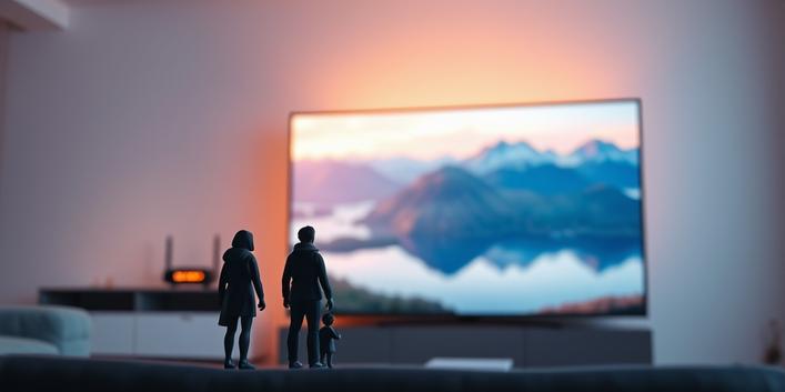 A minimalist 3D rendering of a Scandinavian living room. A 4K TV displaying a Nordic landscape dominates the scene, with two silhouetted figures in the foreground watching. In the background, a stylized router emits a soft glow.