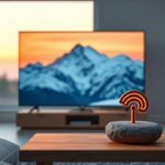 A minimalist Nordic living room featuring a glowing rune stone in front of a 4K TV displaying a snowy mountain sunset, symbolizing Nordic IPTV in 4K.