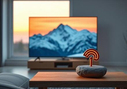 A minimalist Nordic living room featuring a glowing rune stone in front of a 4K TV displaying a snowy mountain sunset, symbolizing Nordic IPTV in 4K.
