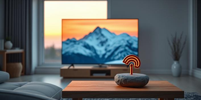 A minimalist Nordic living room featuring a glowing rune stone in front of a 4K TV displaying a snowy mountain sunset, symbolizing Nordic IPTV in 4K.