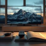 A softly lit living room with a 4K television displaying a Nordic landscape, symbolizing Nordic IPTV in 4K.