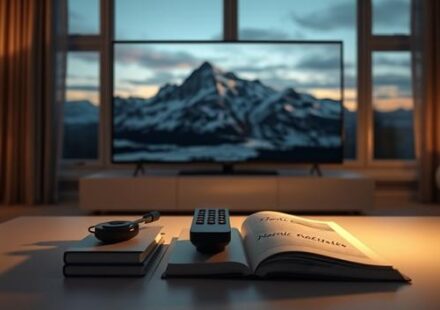 A softly lit living room with a 4K television displaying a Nordic landscape, symbolizing Nordic IPTV in 4K.