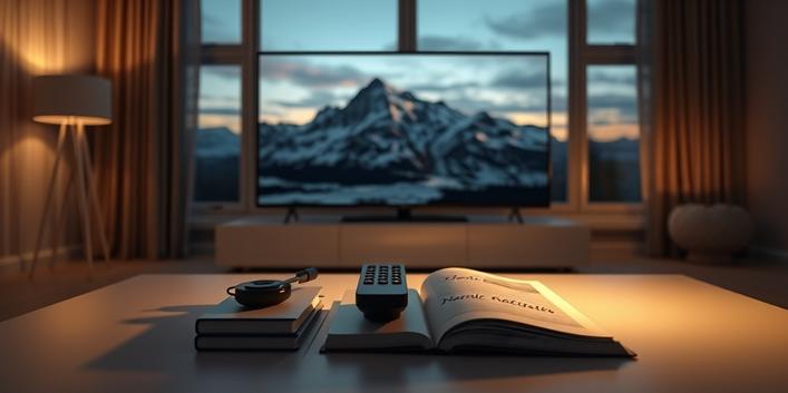 A softly lit living room with a 4K television displaying a Nordic landscape, symbolizing Nordic IPTV in 4K.