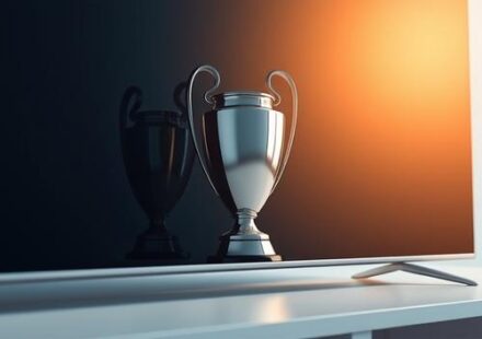 Champions League trophy reflected on a modern IPTV screen, representing the introduction to Champions League and IPTV.