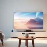A modern Nordic living room featuring a 4K TV displaying a stunning Nordic landscape, representing high-quality IPTV.