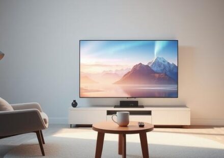 A modern Nordic living room featuring a 4K TV displaying a stunning Nordic landscape, representing high-quality IPTV.