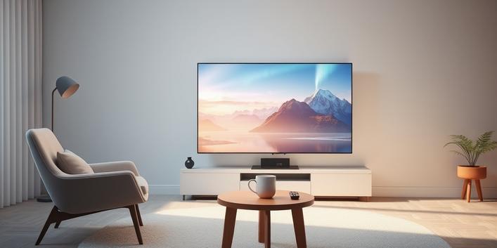 A modern Nordic living room featuring a 4K TV displaying a stunning Nordic landscape, representing high-quality IPTV.