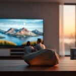 A Nordic family enjoys immersive 4K IPTV in their modern Swedish living room, showcasing the superior viewing experience of Nordic IPTV in 2026.