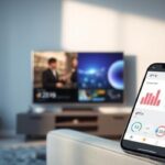 Illustration comparing IPTV and traditional cable television, featuring a split screen TV and a smartphone with data comparison.