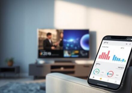 Illustration comparing IPTV and traditional cable television, featuring a split screen TV and a smartphone with data comparison.