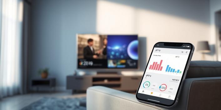 Illustration comparing IPTV and traditional cable television, featuring a split screen TV and a smartphone with data comparison.