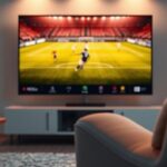 A 3D rendering of a living room showcasing a 4K TV displaying a soccer game, illustrating lag-free sports and movie streaming with Nordisk IPTV 4K.