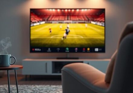 A 3D rendering of a living room showcasing a 4K TV displaying a soccer game, illustrating lag-free sports and movie streaming with Nordisk IPTV 4K.