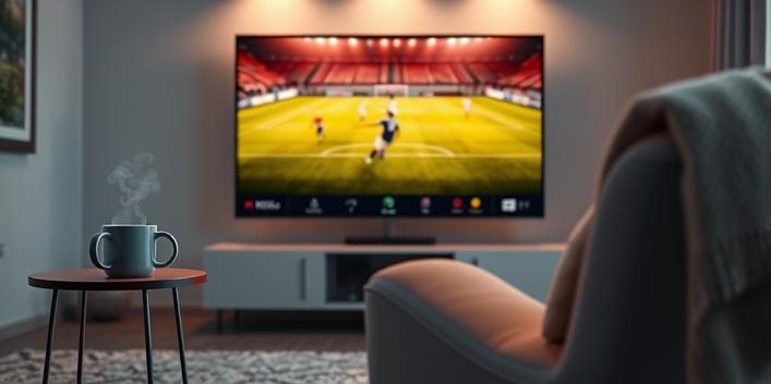A 3D rendering of a living room showcasing a 4K TV displaying a soccer game, illustrating lag-free sports and movie streaming with Nordisk IPTV 4K.