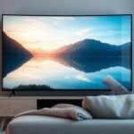 A minimalist Scandinavian living room featuring a 4K television displaying a Nordic fjord, with a sofa, remote, and candlestick holder.