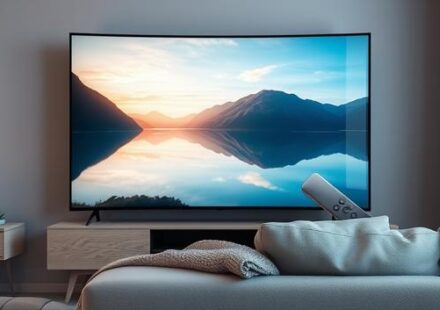 A minimalist Scandinavian living room featuring a 4K television displaying a Nordic fjord, with a sofa, remote, and candlestick holder.