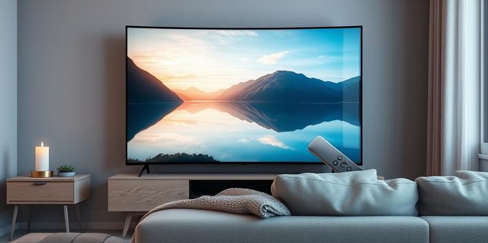A minimalist Scandinavian living room featuring a 4K television displaying a Nordic fjord, with a sofa, remote, and candlestick holder.