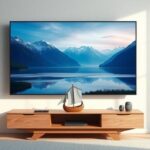 A sleek 4K television displays vibrant Nordic landscapes in a modern Scandinavian living room, representing Nordic IPTV 4K.